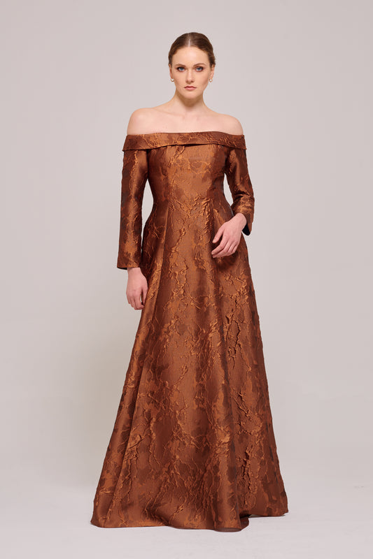 Long Sleeve Floral Print Brown Dress