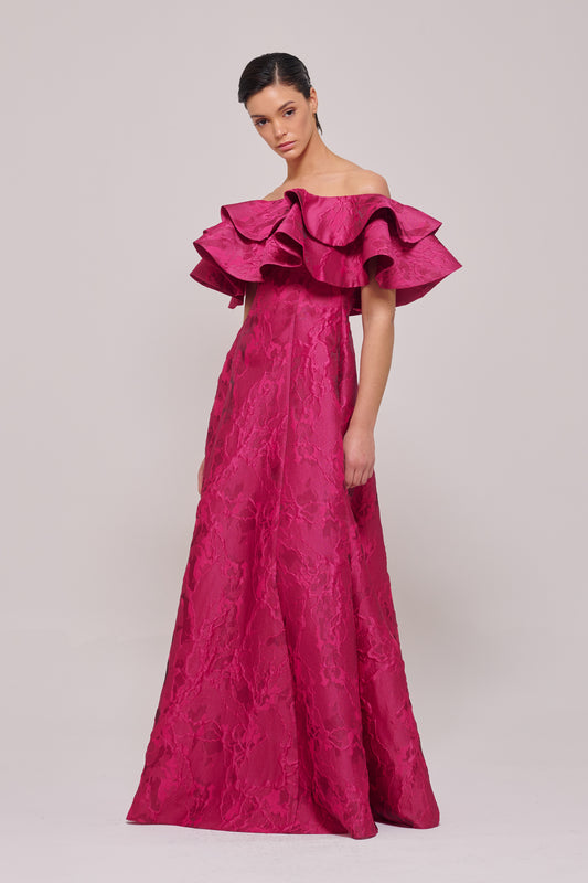 Layered Off The Shoulder Long Fuchsia Dress