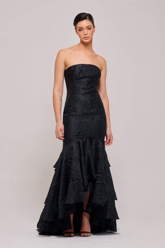 Strapless Layered High-Low Black Dress