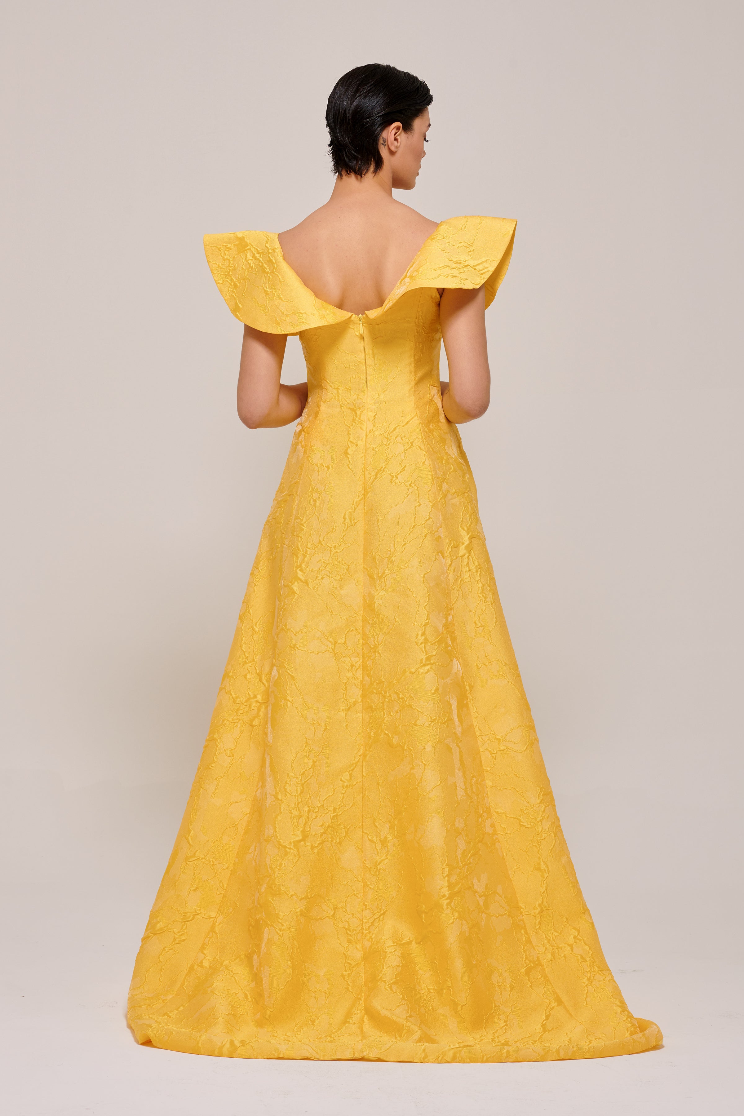 Ruffled Collar Yellow Jacquard with High-Low Hem Gown Yellow Ruffled Collar Yellow Jacquard with High-Low Hem Gown Yellow
