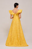 Ruffled Collar Yellow Jacquard with High-Low Hem Gown
