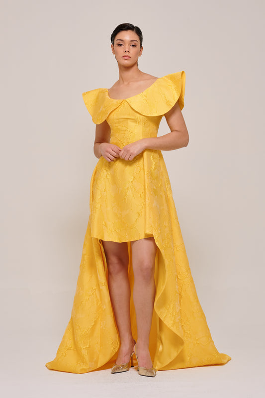 Ruffled Collar Yellow Jacquard with High-Low Hem Gown