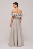 Ruffled Silver Metallic Jacquard Long Dress