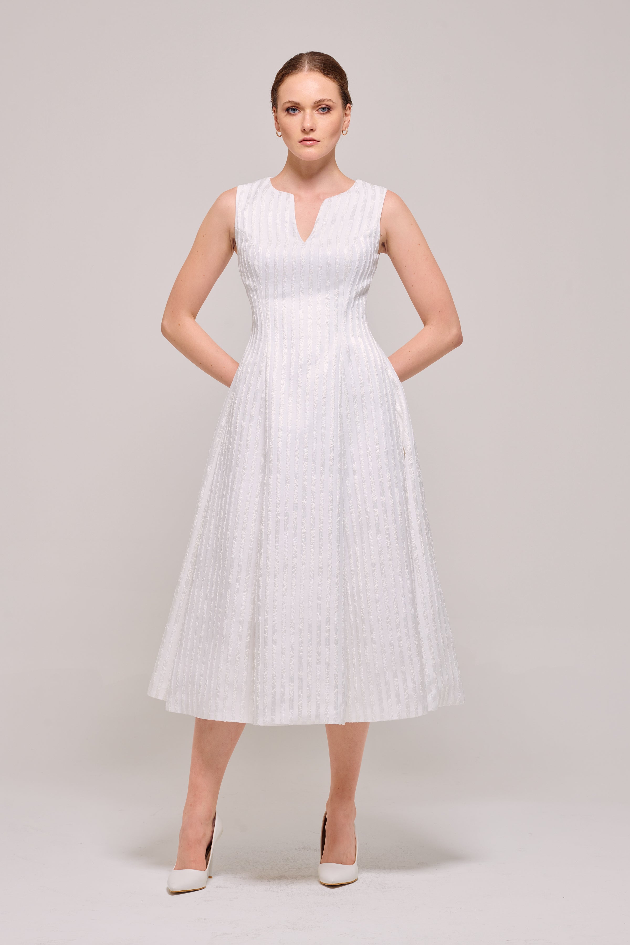 V-Neck Sleeveless Midi Length White Dress