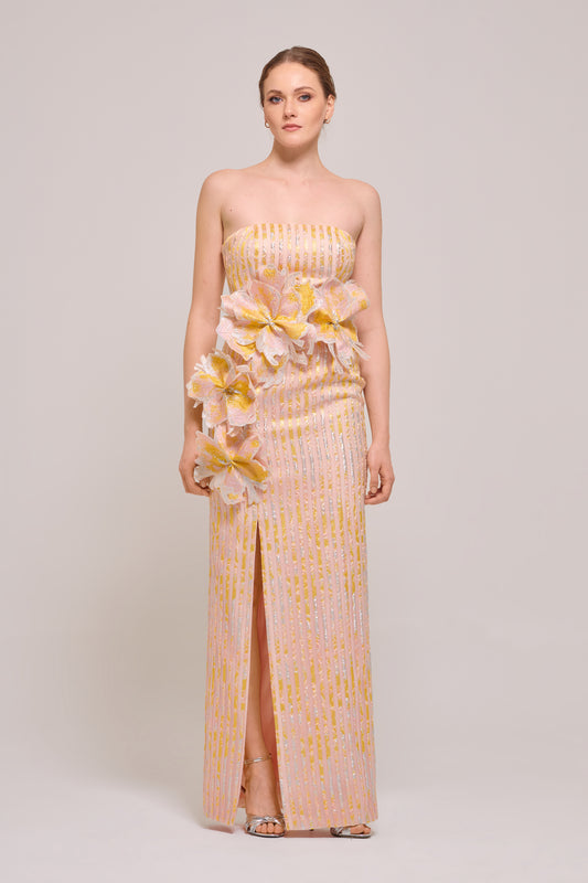 3D Floral Strapless Column Long Dress