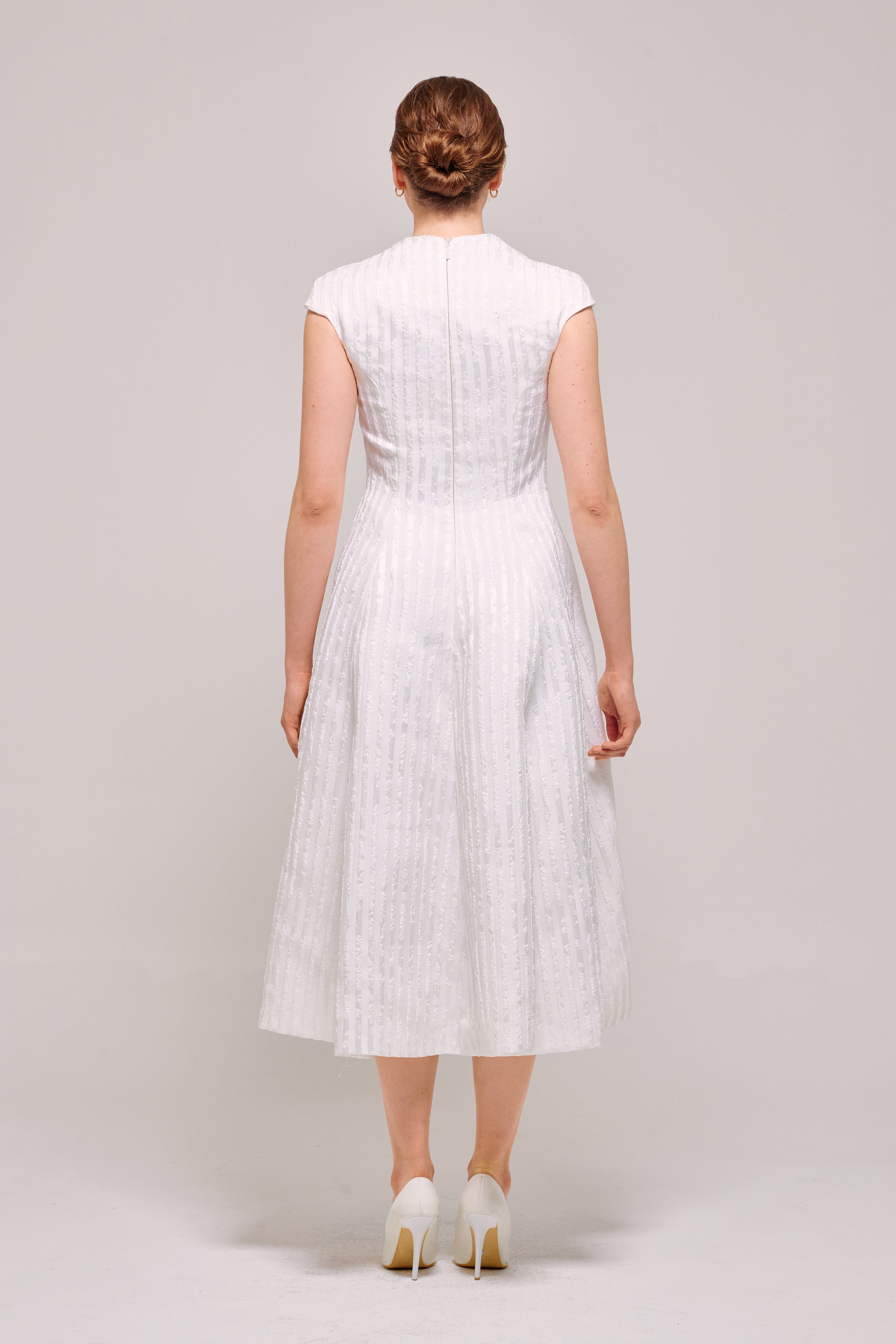 Cap Sleeve V-Neck White Midi Dress