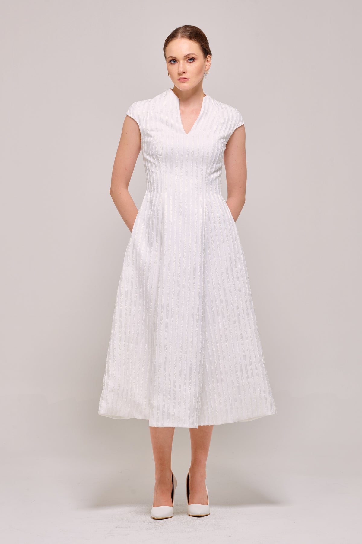 Cap Sleeve V-Neck White Midi Dress