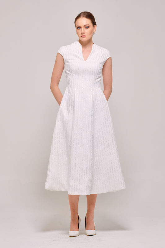 Cap Sleeve V-Neck White Midi Dress