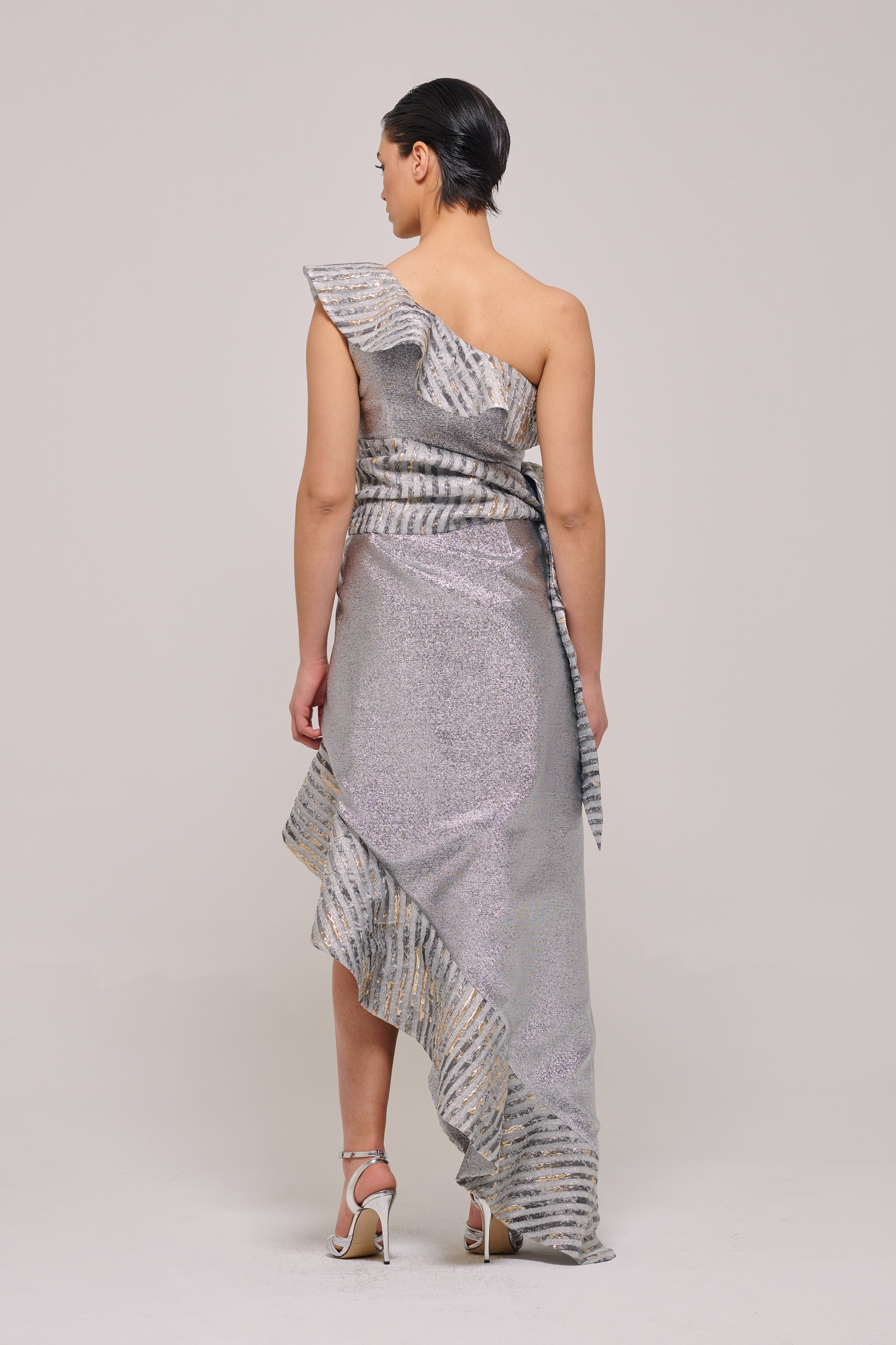 Ruffled One Shoulder Sleeve Asymmetric Hem Detail Metallic Gown John Paul Ataker Ruffled One Shoulder Sleeve Asymmetric Hem Detail Metallic Gown John Paul Ataker