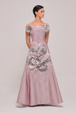 Three Dimensional Flowers Appliqués Long Strapless Gown