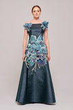 Three Dimensional Flowers Appliqués Long Strapless Gown