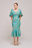 Cape Effect Midi Length Floral Green Dress