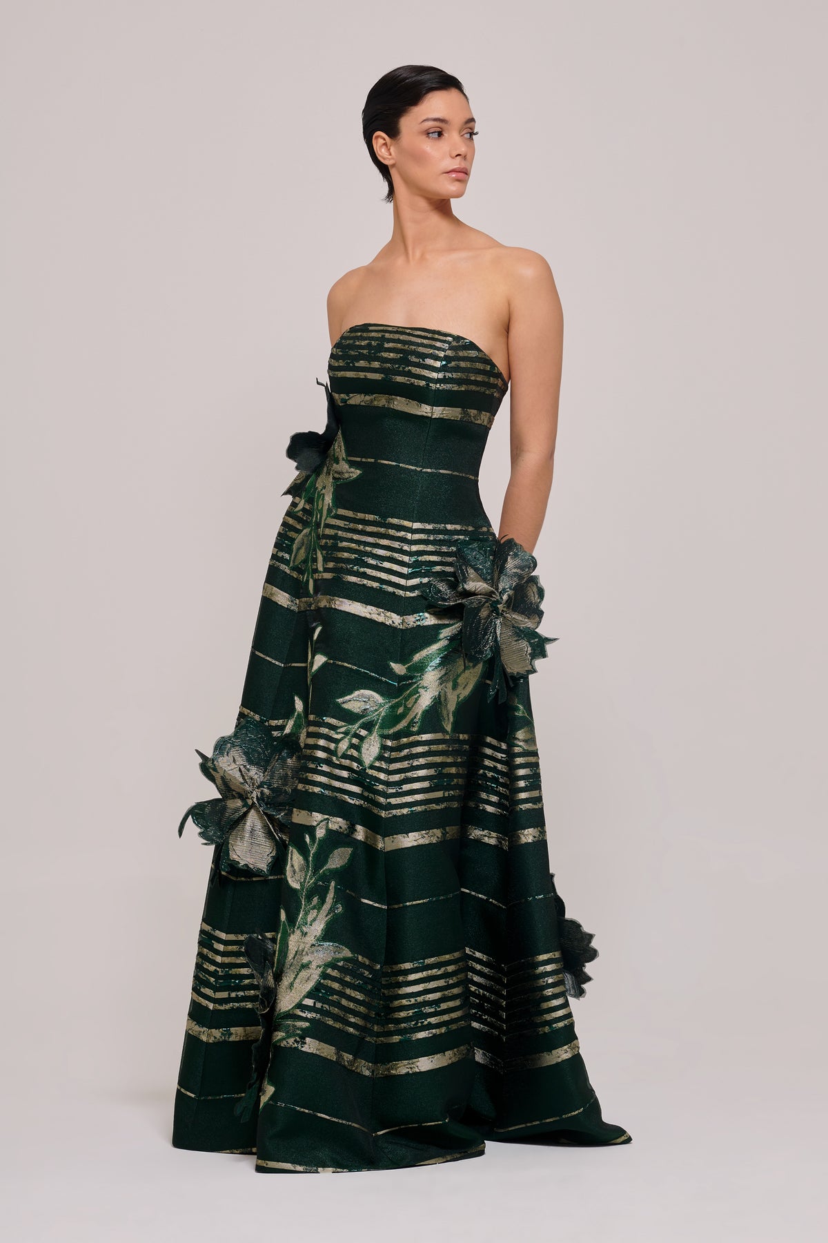 Long Strapless Gown with Hand Made Stripes Detail