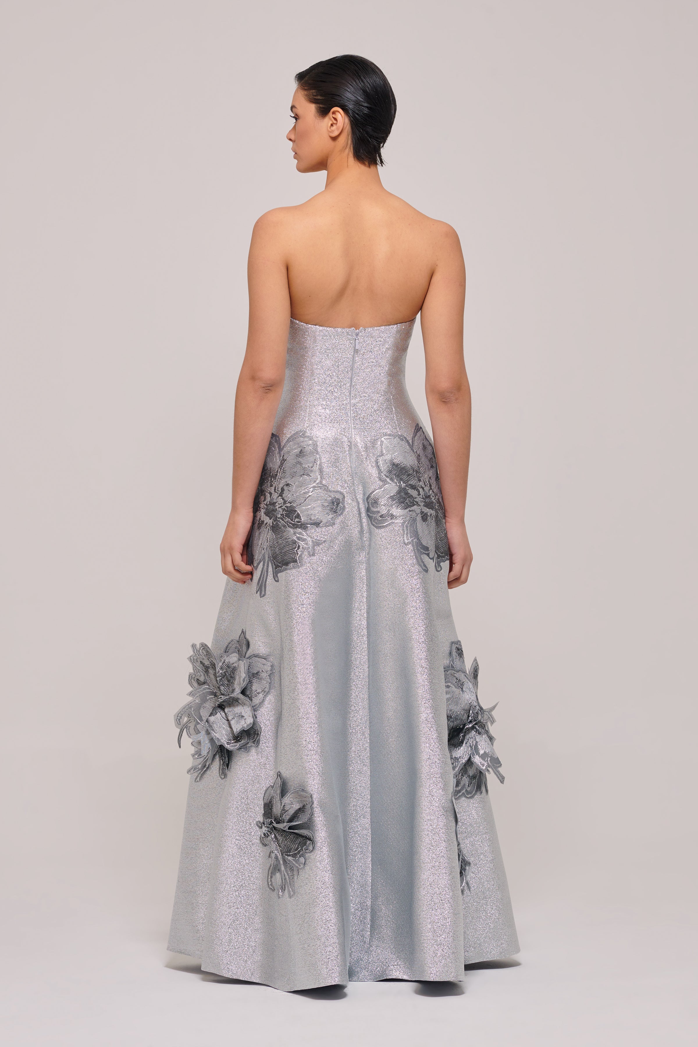 Three Dimensional Floral Strapless Black and Silver Gown