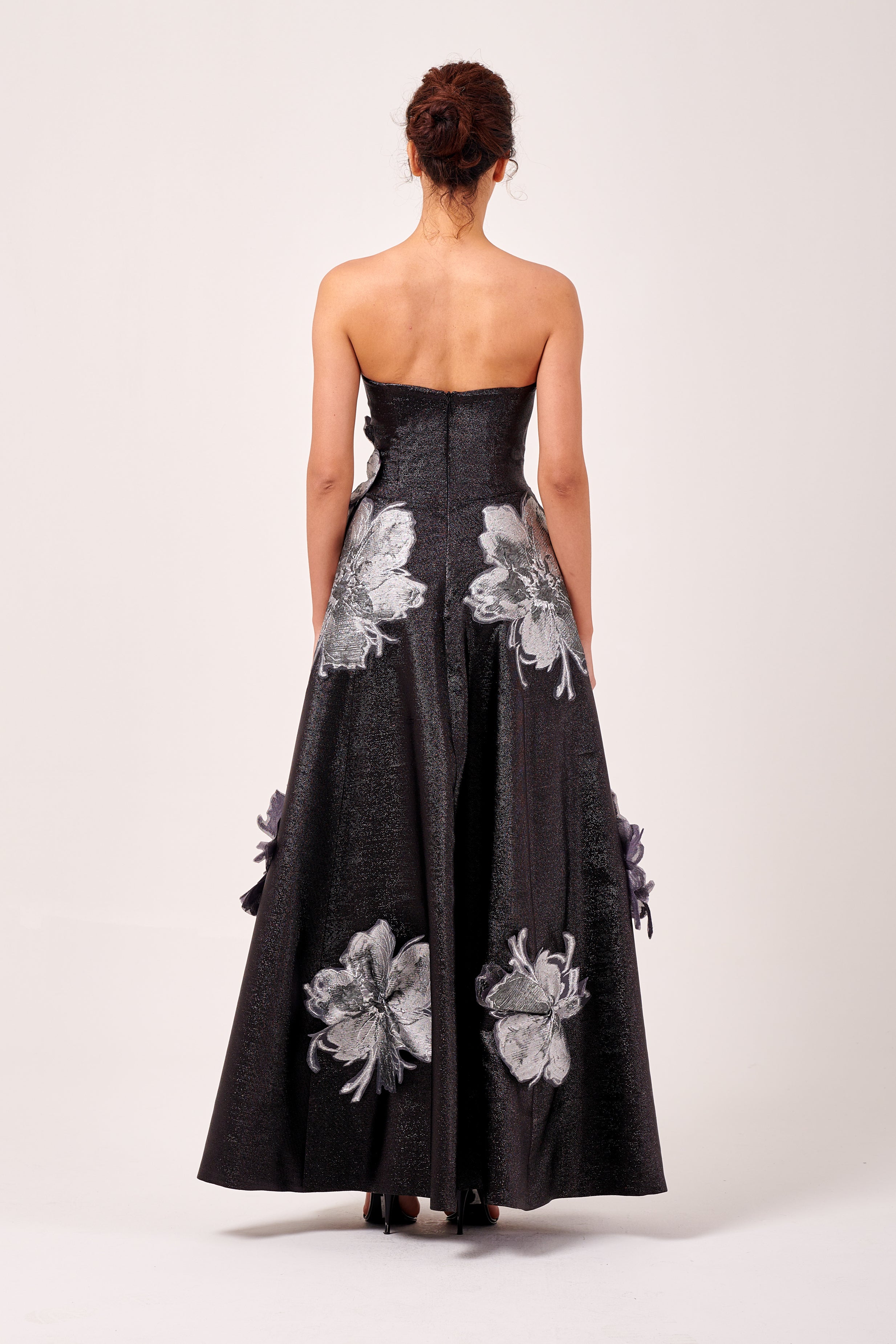 Three Dimensional Floral Strapless Black and Silver Gown Petrol Three Dimensional Floral Strapless Black and Silver Gown Petrol