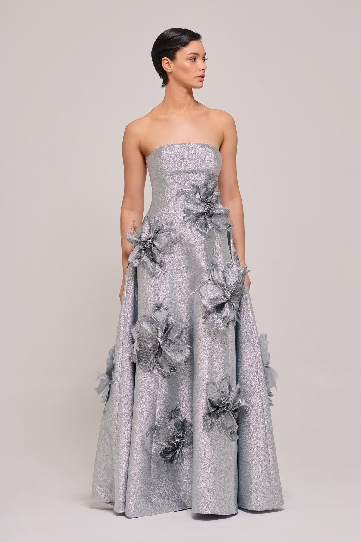 Three Dimensional Floral Strapless Black and Silver Gown John Paul Ataker Three Dimensional Floral Strapless Black and Silver Gown John Paul Ataker