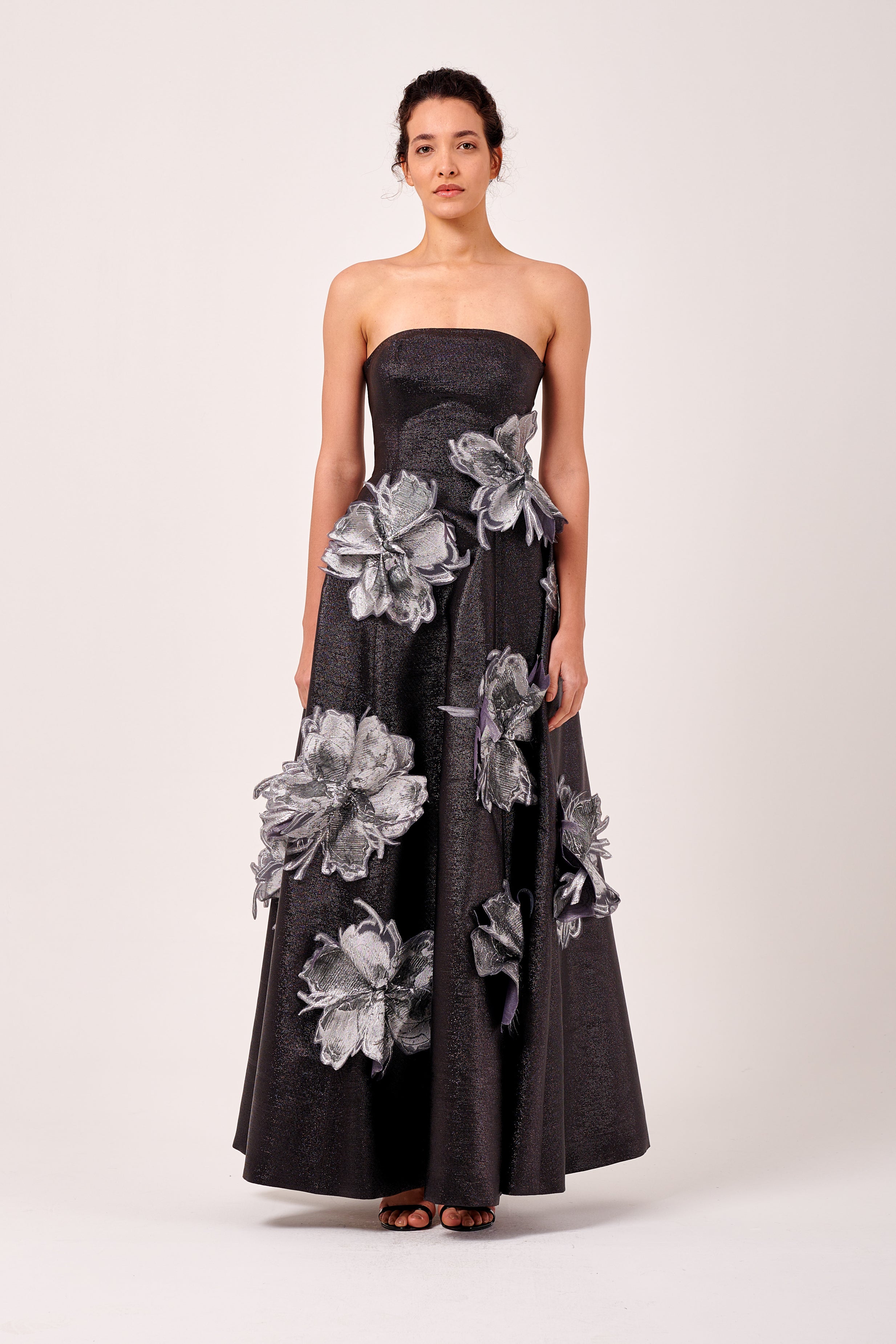 Three Dimensional Floral Strapless Black and Silver Gown John Paul Ataker Three Dimensional Floral Strapless Black and Silver Gown John Paul Ataker