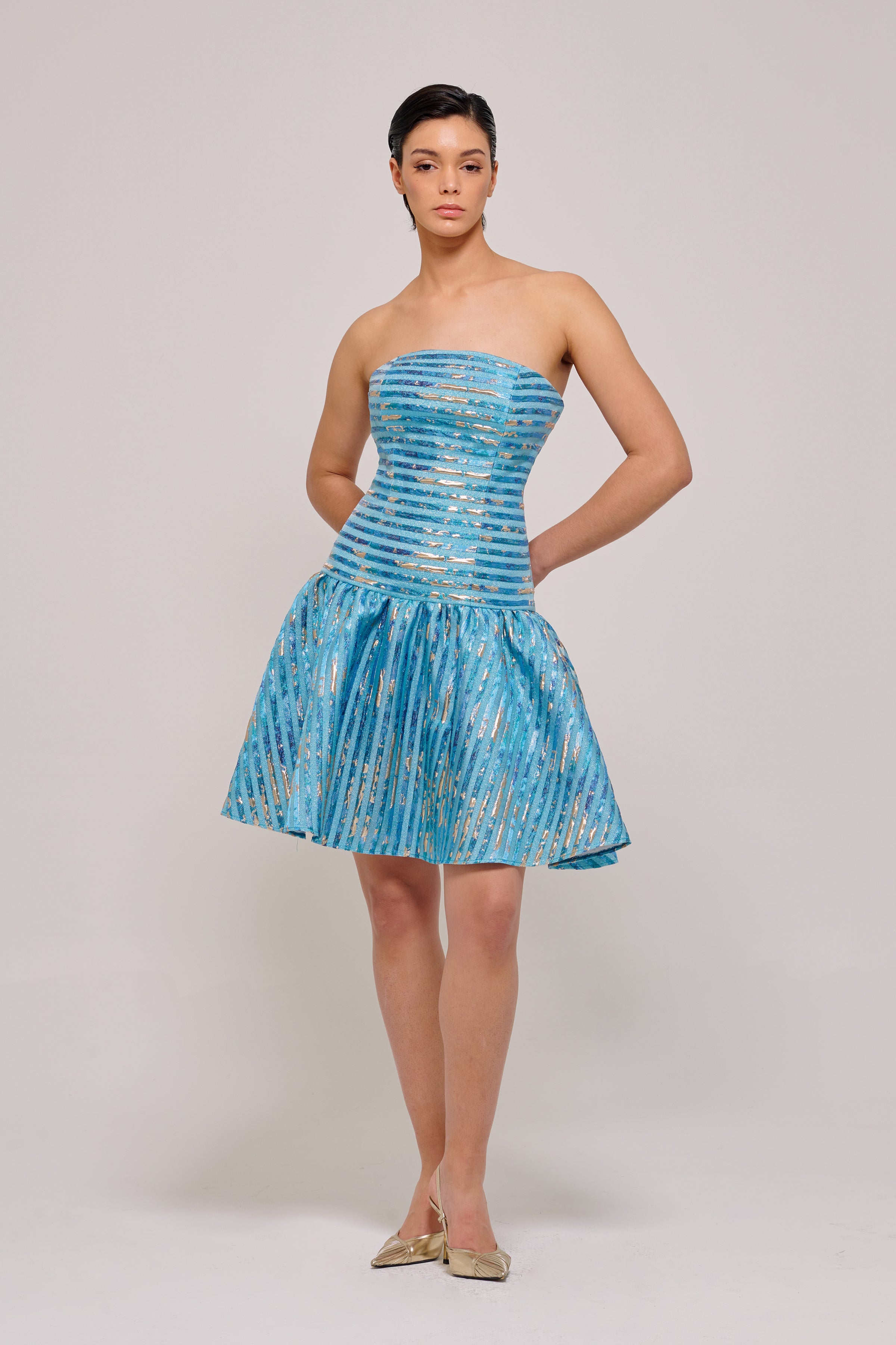 Strapless Neckline Striped Detail Mini Dress