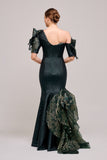 Three Dimensional Floral Appliqués Detail Hunter Green Mermaid Dress