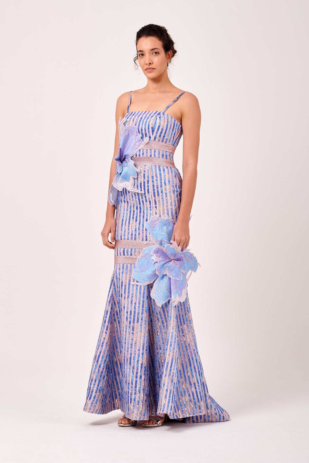 Square Neckline 3D Floral Appliqués Long Dress