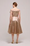 Off The Shoulder Floral Appliqués Detail Pink Gold Metallic Jacquard Dress