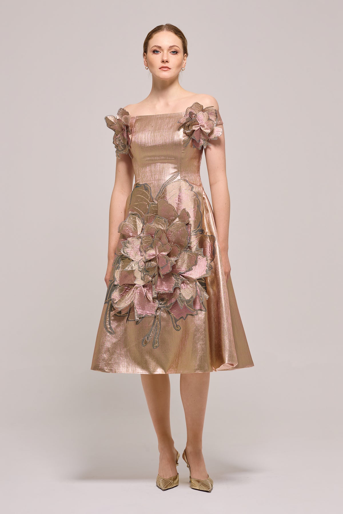 Off The Shoulder Floral Appliqués Detail Pink Gold Metallic Jacquard D – John Paul Ataker Off The Shoulder Floral Appliqués Detail Pink Gold Metallic Jacquard D – John Paul Ataker