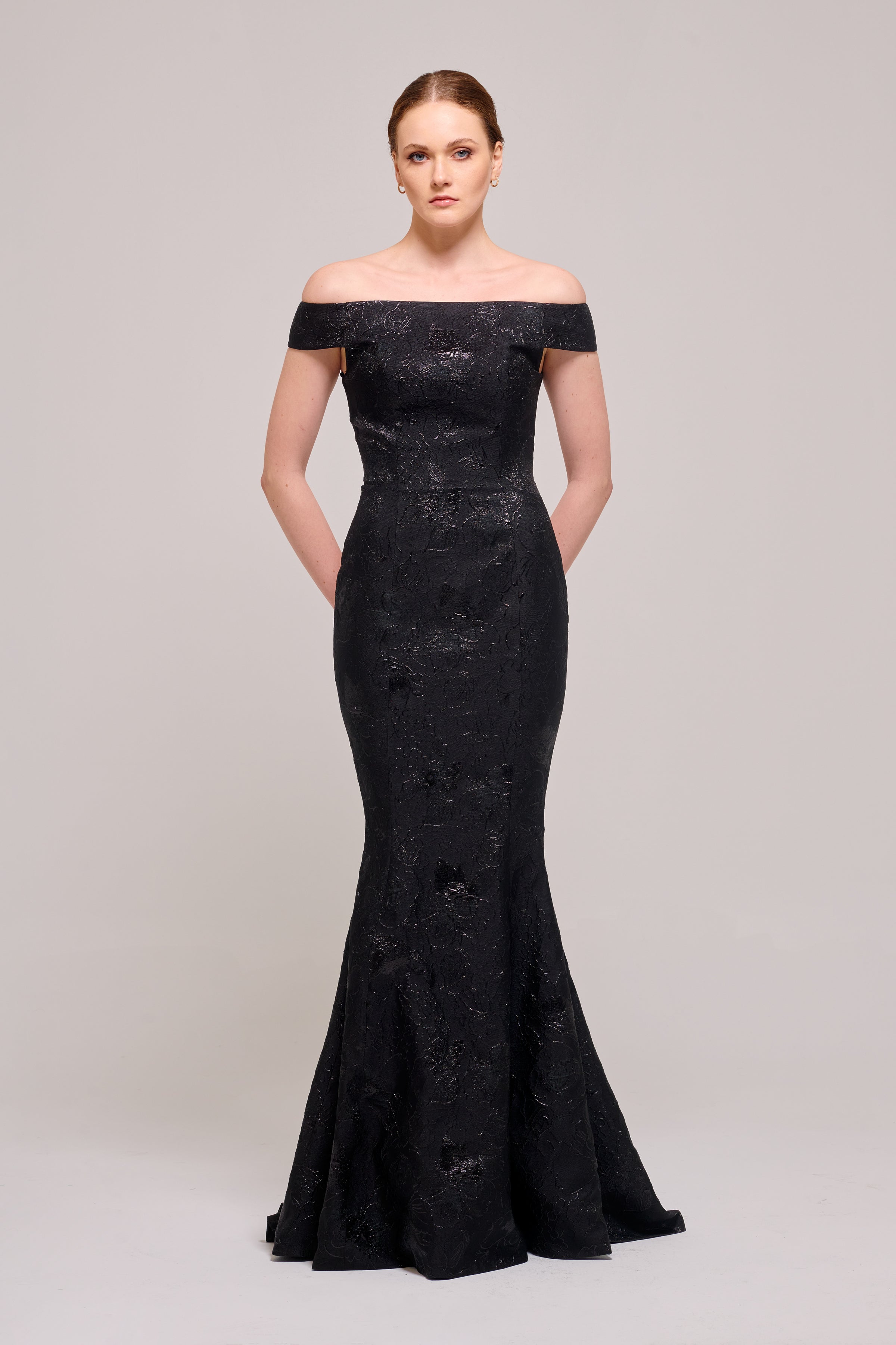 Off-The-Shoulder Long Black Jacquard Dress