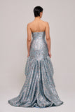 Strapless Bodice Asymmetric Balloon Hem Floral Jacquard Dress