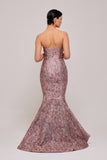 Strapless High-Low Fitted Metallic Jacquard Gown