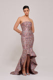 Strapless High-Low Fitted Metallic Jacquard Gown