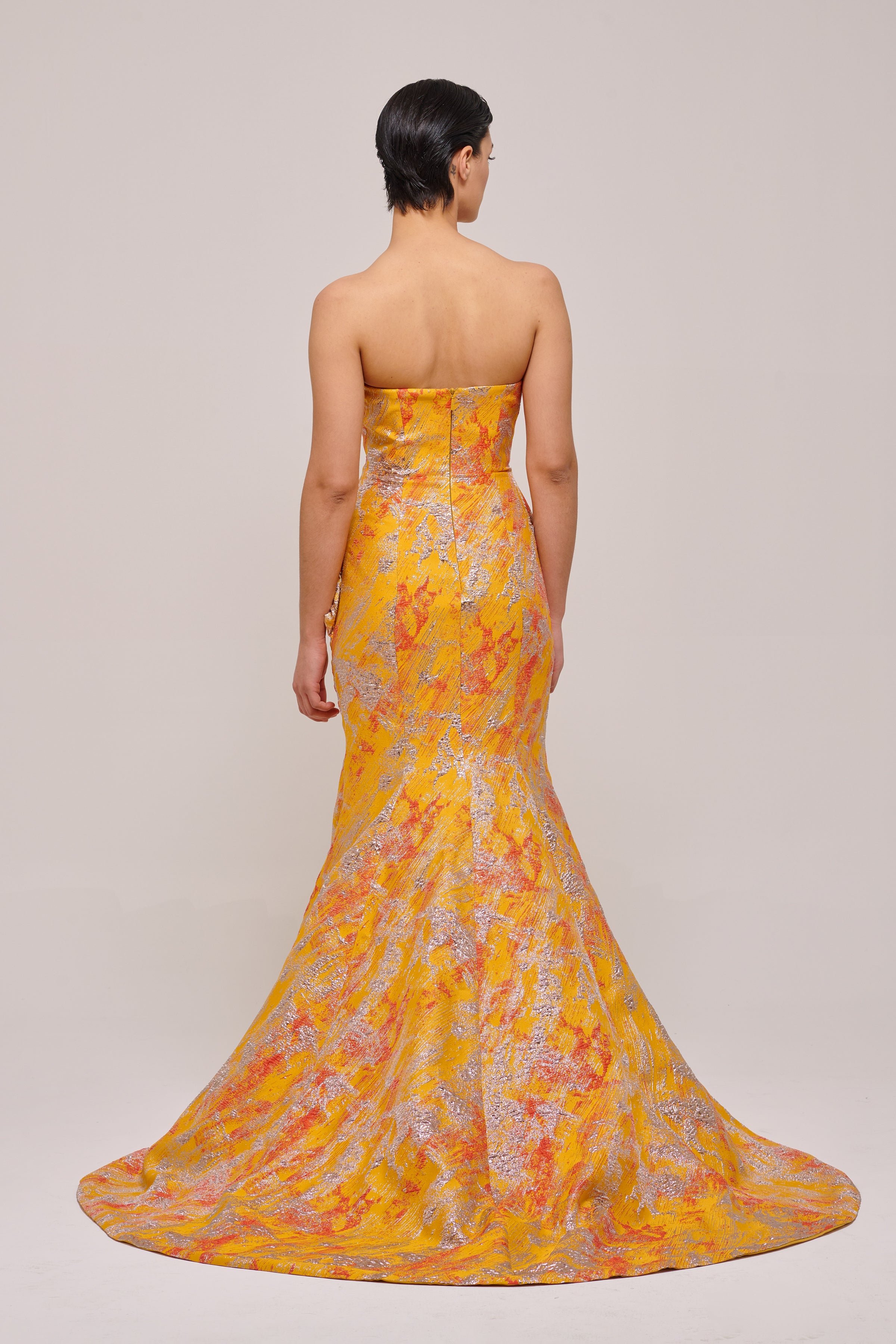 Strapless Mustard Jacquard Long Mermaid Dress Blush Strapless Mustard Jacquard Long Mermaid Dress Blush