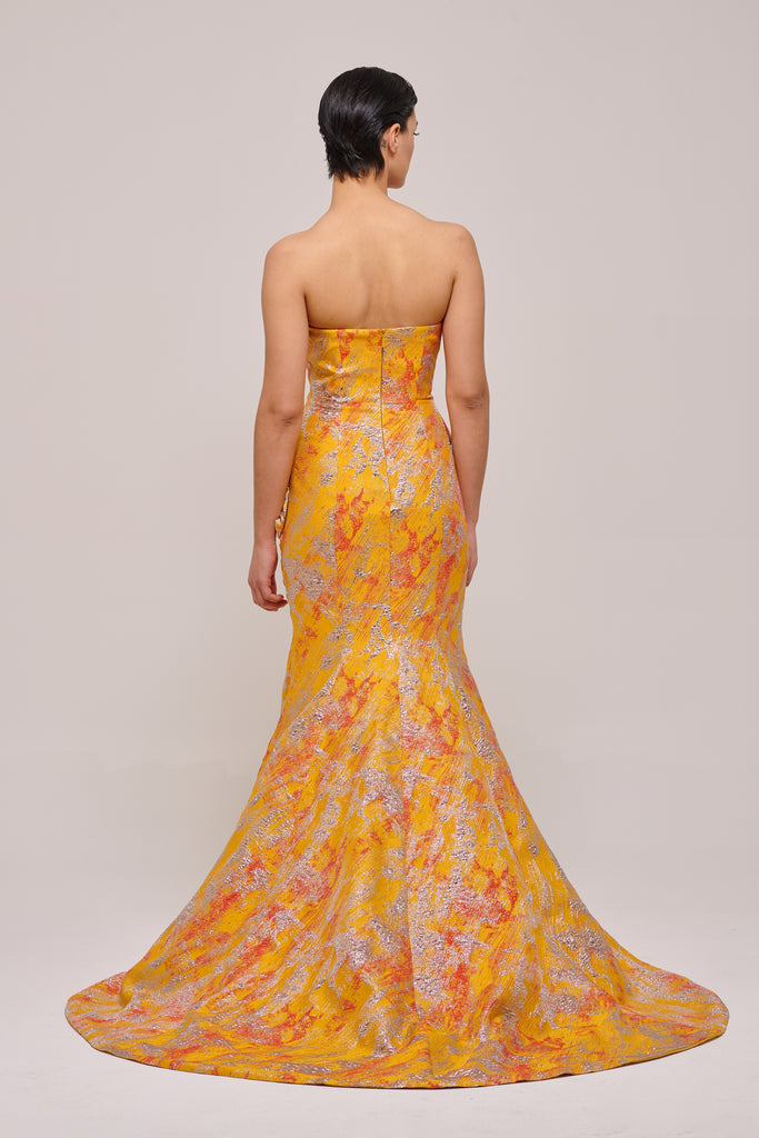 Strapless Mustard Jacquard Long Mermaid Dress John Paul Ataker