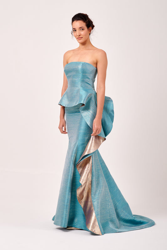 Strapless Layered Peplum Detail Long Mermaid Gown