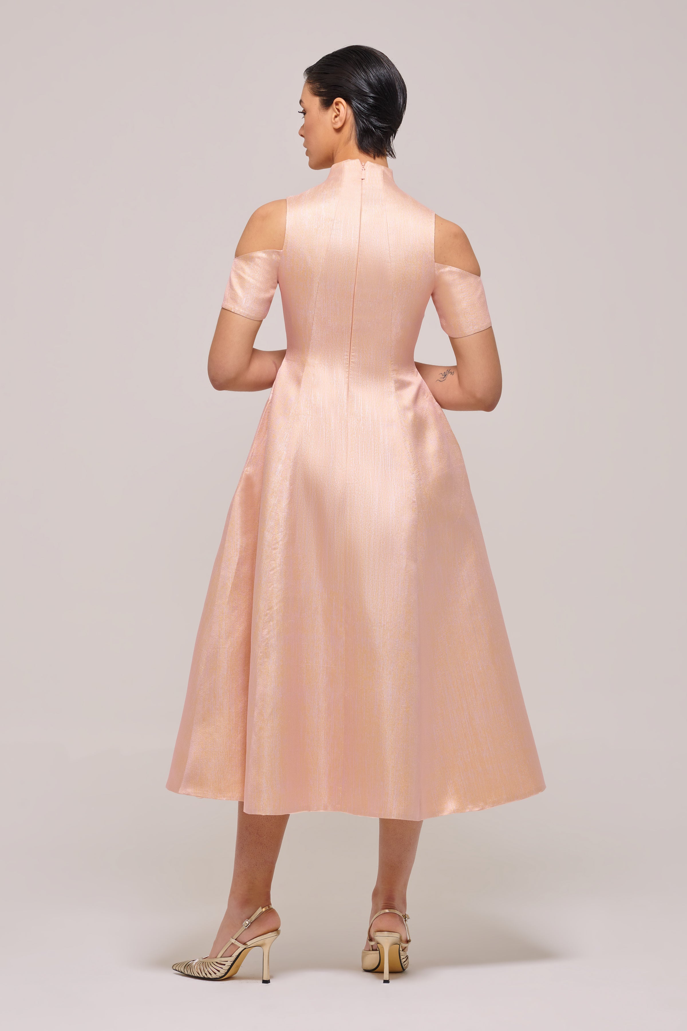 Cold-Shoulder Metallic Jacquard Midi Dress
