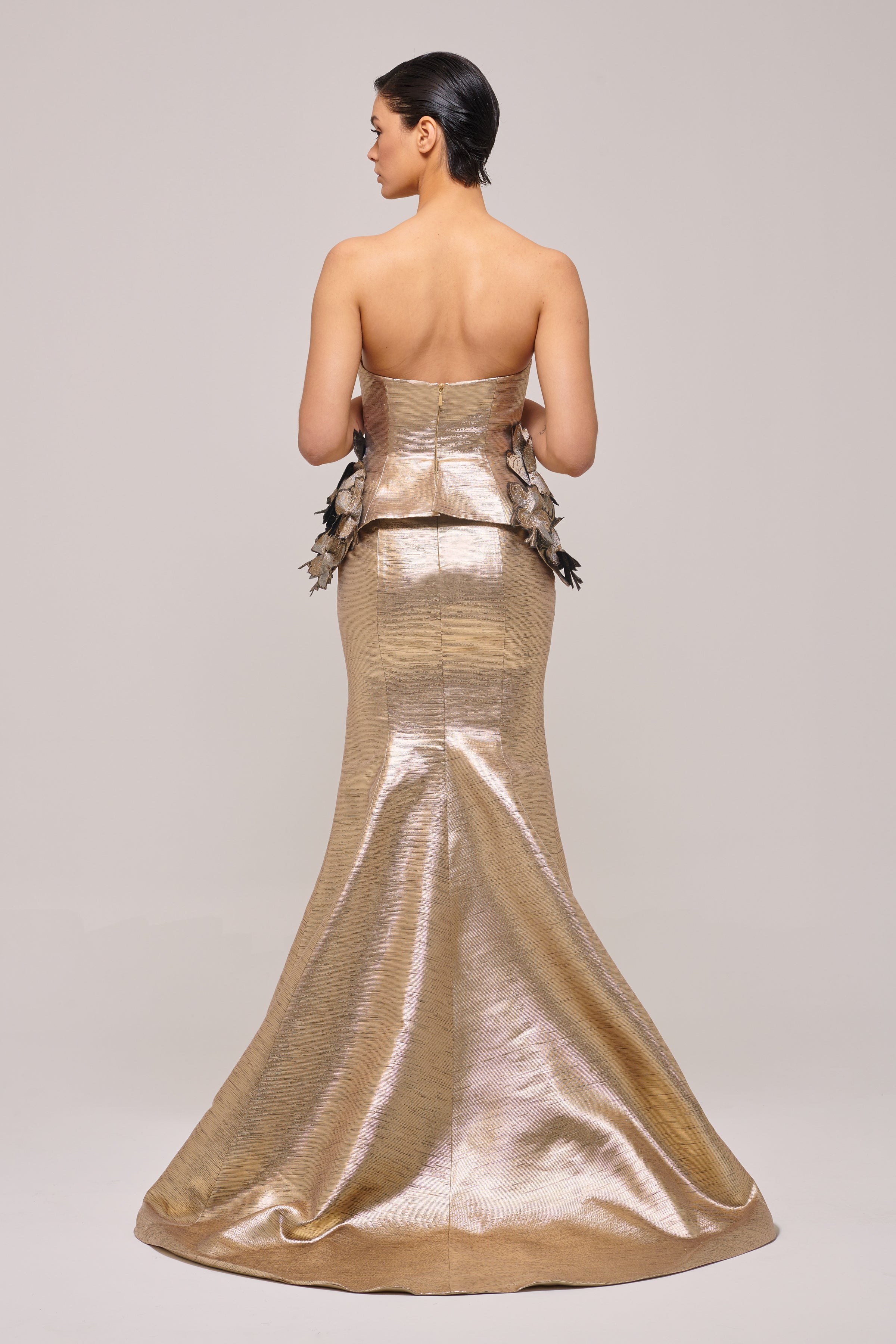 Floral Peplum Detail Metallic Gold Jacquard Mermaid Dress Floral Peplum Detail Metallic Gold Jacquard Mermaid Dress
