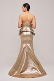 Floral Peplum Detail Metallic Gold Jacquard Mermaid Dress