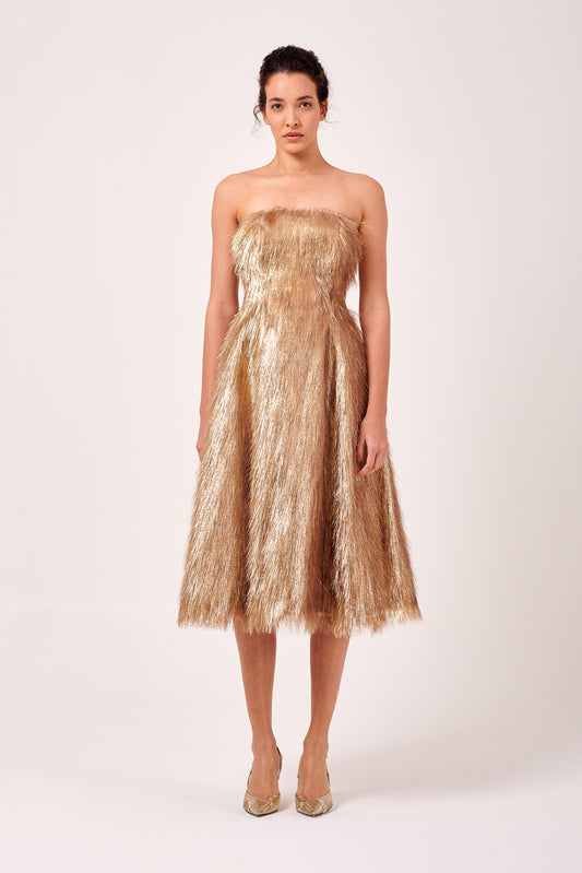 Shimmering Strapless Midi Length Dress