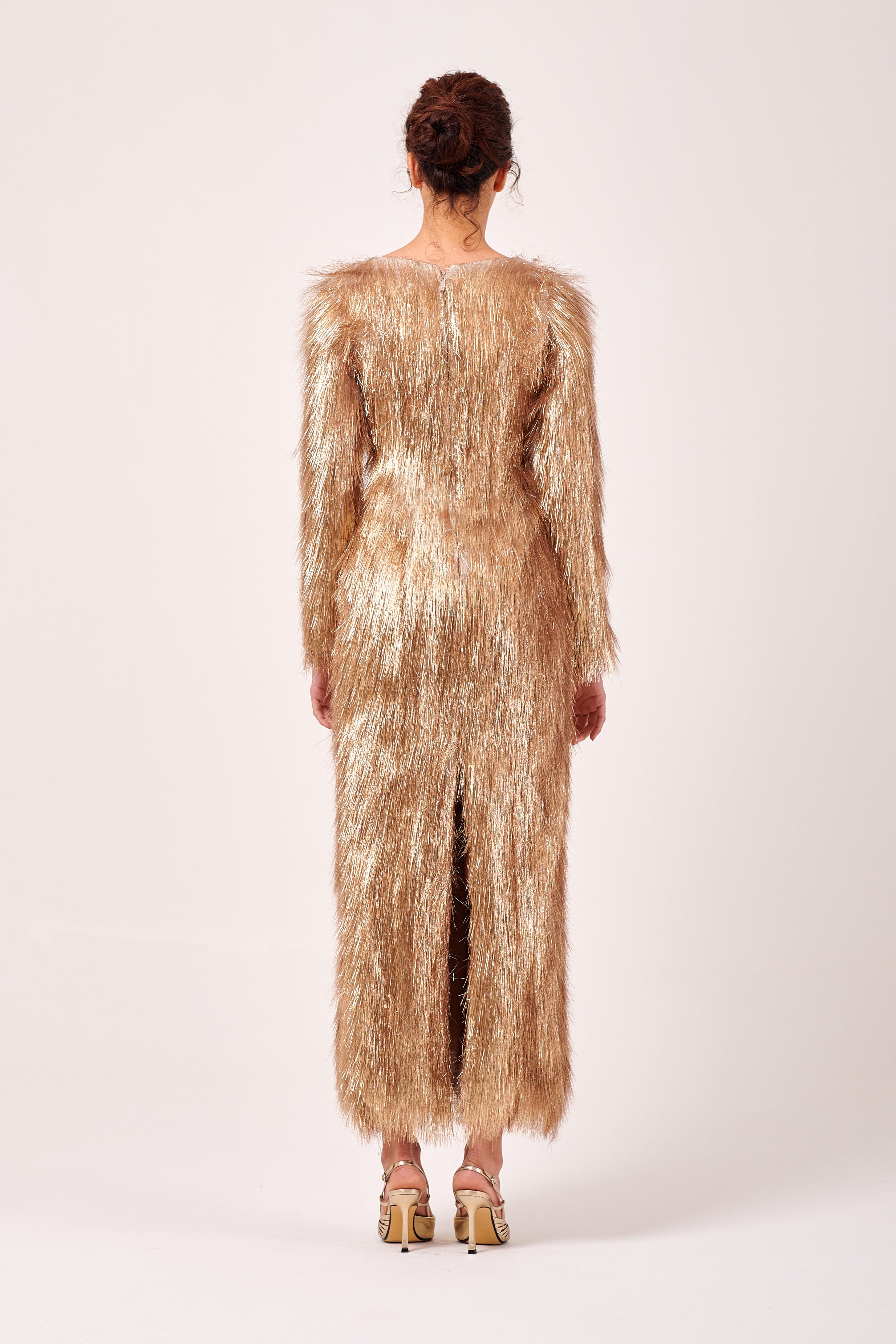 Long Sleeve Lurex Yarn Fringe Detail Column Dress Red Long Sleeve Lurex Yarn Fringe Detail Column Dress Red