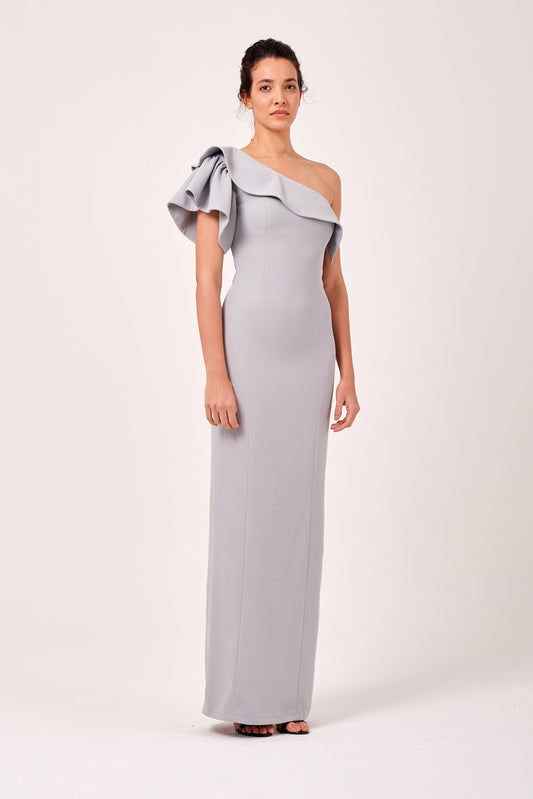 A Romantic One Shoulder Maxi with A Gentle Ruffle and Flattering Fit