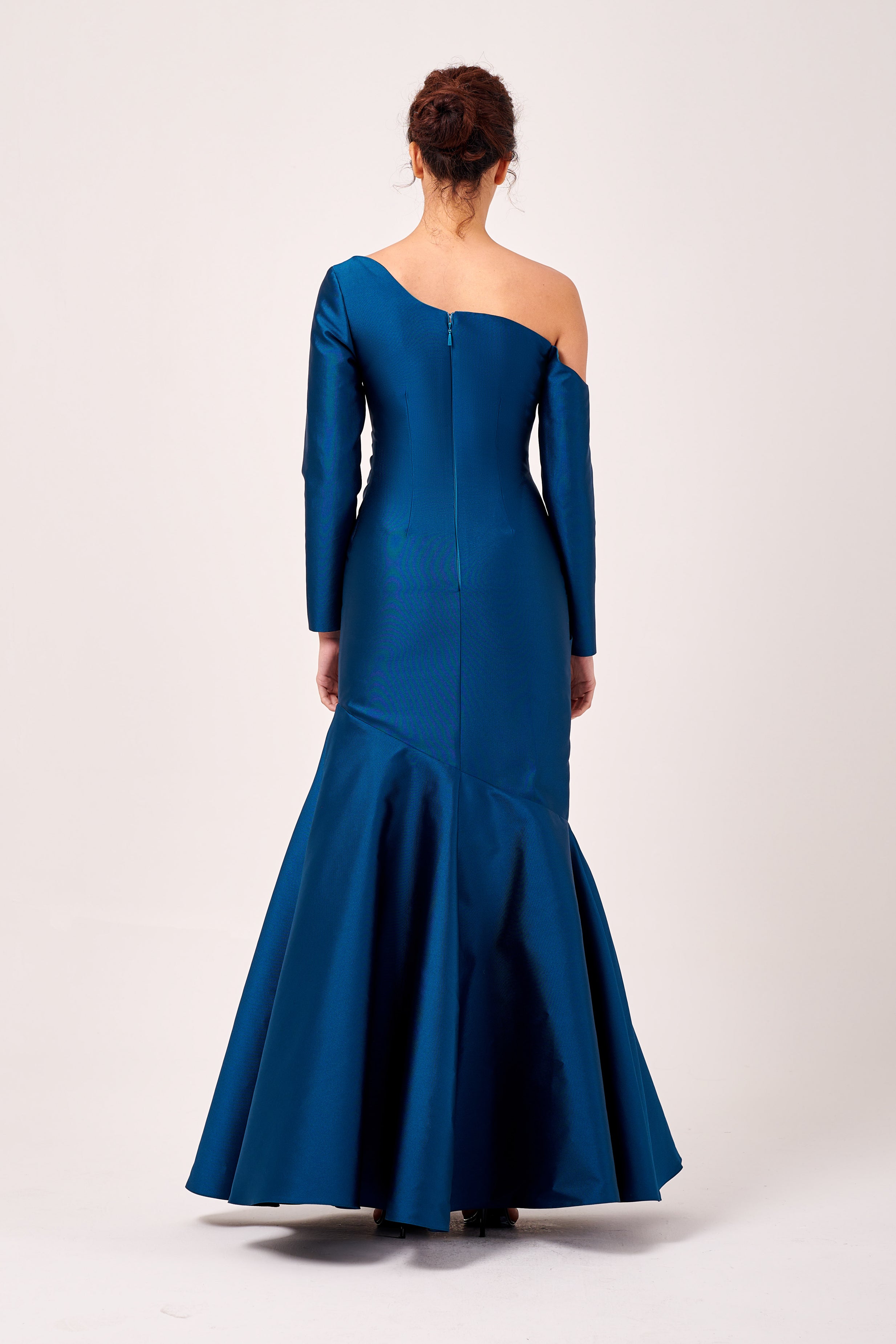 Asymmetric One-Shoulder Neckline Long Sleeve Gown Petrol Asymmetric One-Shoulder Neckline Long Sleeve Gown Petrol