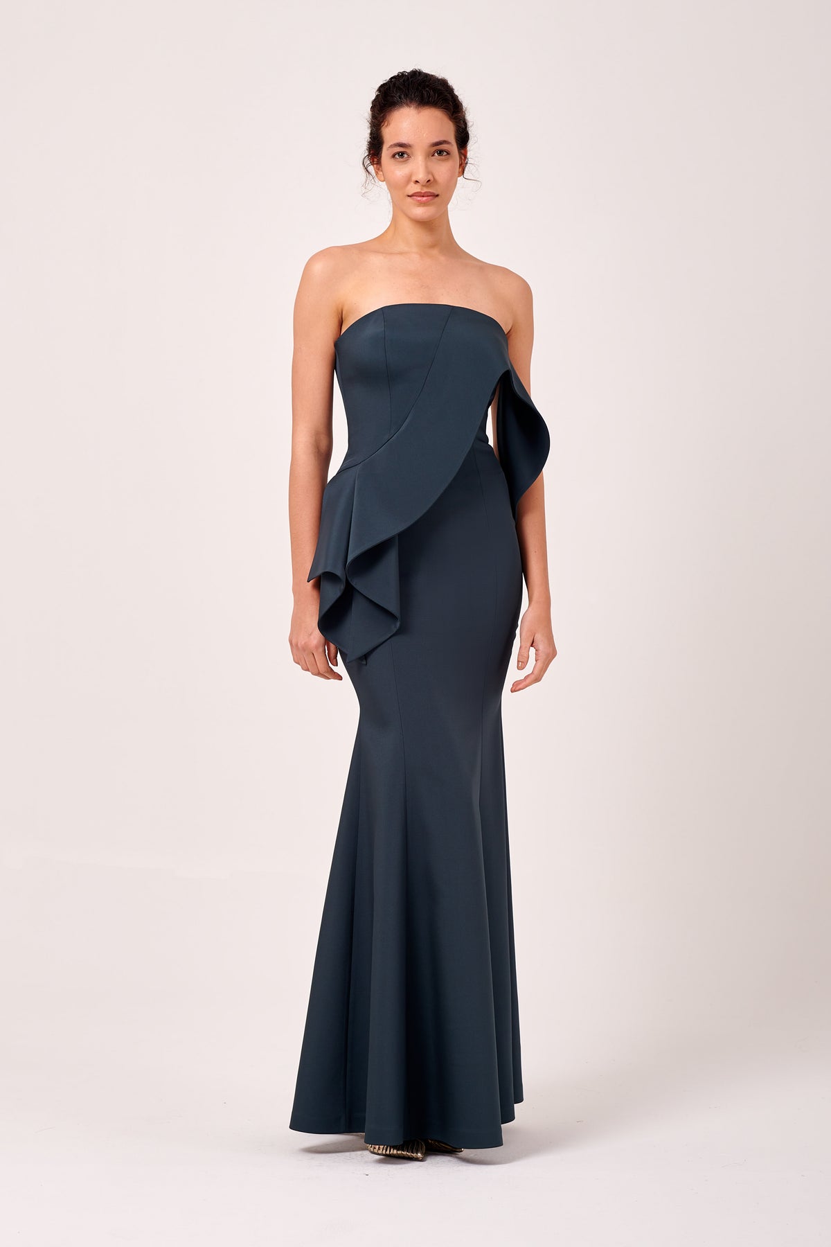 Strapless Asymmetric Overlay Ruffled Detail Long Dress