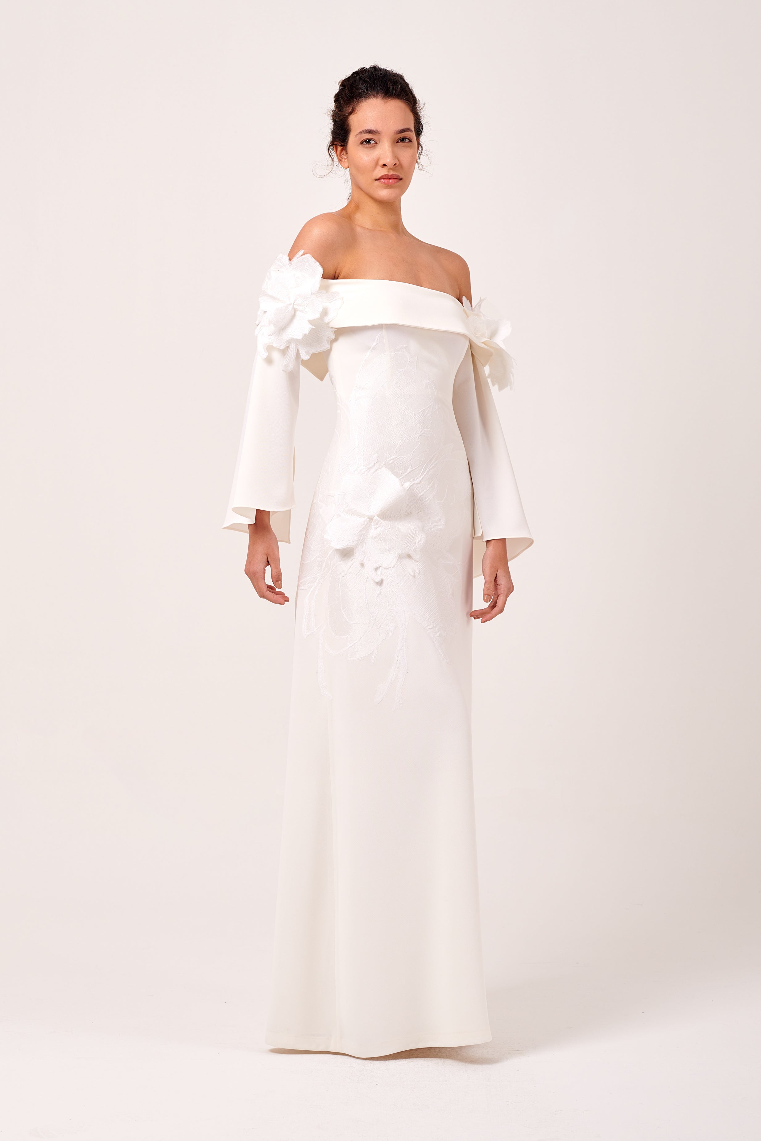Off-The-Shoulder Long Sleeve Floral Appliqués Detail Dress – John Paul ...