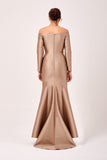 Off The Shoulder Pleated Bodice Long Sleeve Gown