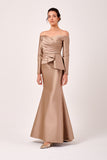 Off The Shoulder Pleated Bodice Long Sleeve Gown
