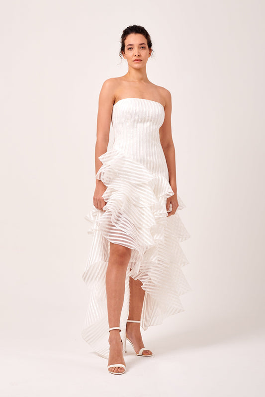 Strapless Neckline Layered Ruffled Asymmetric Dress