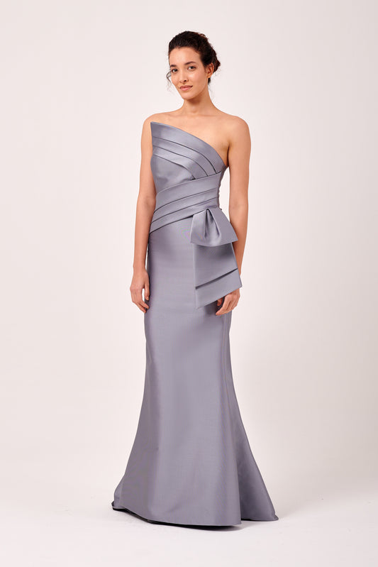 Asymmetric Pleated Strapless Neckline Long Dress