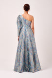 One Shoulder Blouson Sleeved A-Line Gown in Floral Jacquard