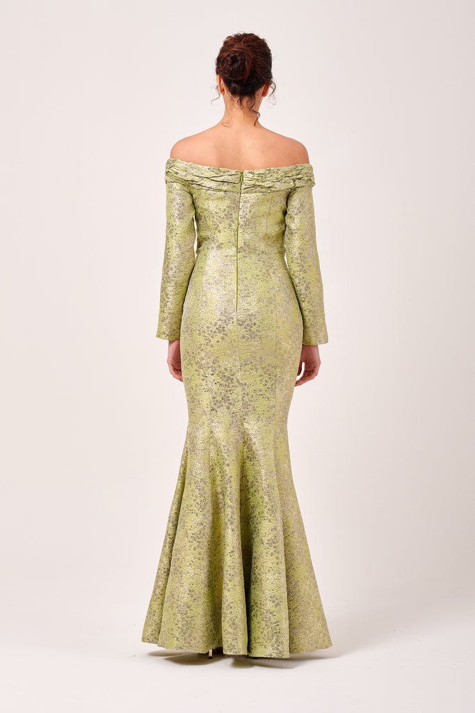 Tree Bark Crinkled Pleated Long Sleeve Jacquard Mermaid Gown – John ...