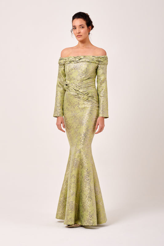 Tree Bark Crinkled Pleated Long Sleeve Jacquard Mermaid Gown