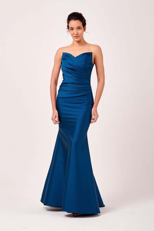 Sweetheart Neckline with Pleated Bodice Detail Long Mikado Gown